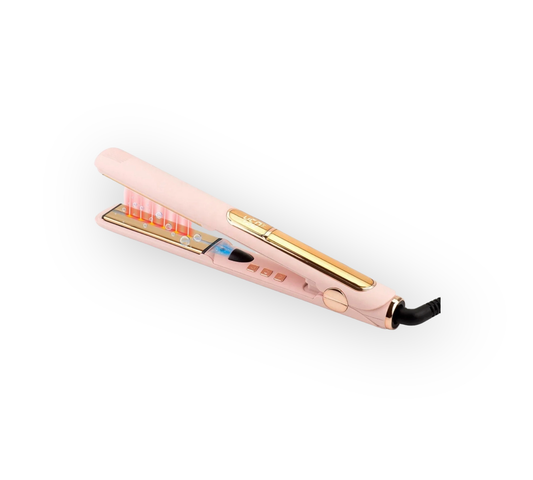 Hair Straightener in sleek Pink & Gold design, featuring a digital temperature display and gold titanium plates, with a Pink logo.