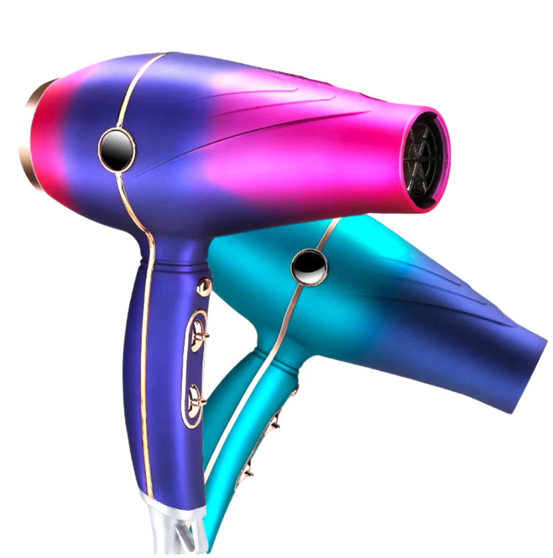 Turbo Ionic Silk Blow Dryer featuring a sleek design is gradient shades of teal and purple, with gold accents.